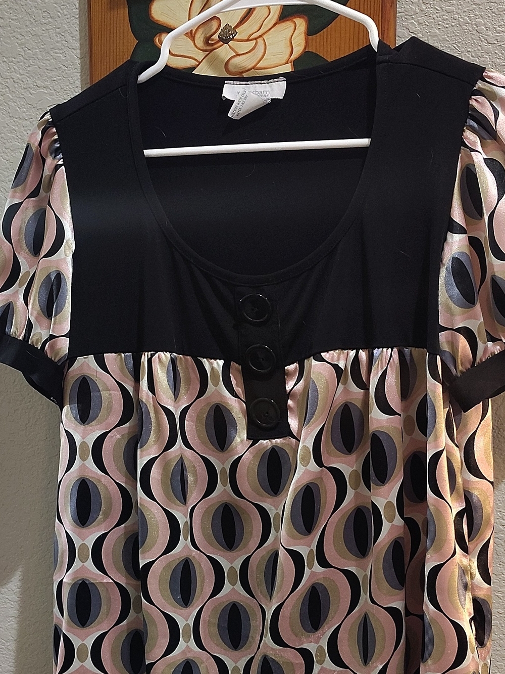 dressbarn Black Yoke Pink Geometric Button Front Tunic